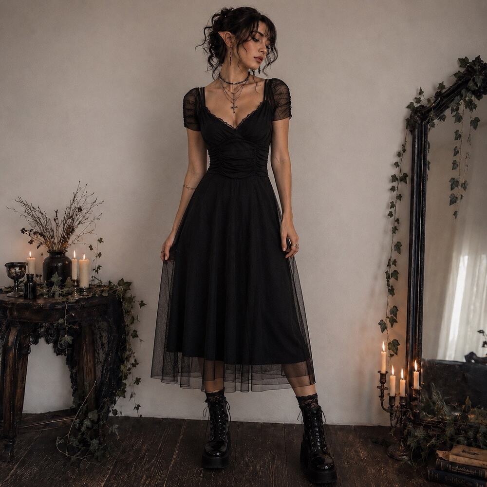 Connected Mesh Ruched Midi Dress 10P Whimsigoth Fairy Grunge Y2K Goth Witchy